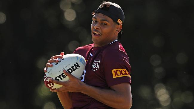 Queensland Maroons Origin training session at Red Hill, Queensland. Selwyn Cobbo. Picture: Zak Simmonds