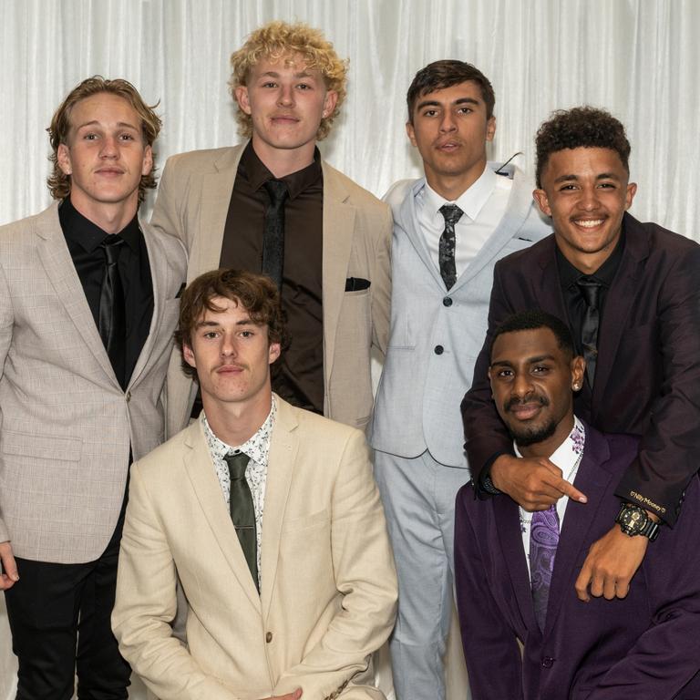 Kynan Jeffery, Lachlan Atkinson, Zane McKellar, Chris Malayta, Seth Hughston and Jerome Luai at Sarina State High School Year 12 Formal Wednesday 16 November 2022. Picture: Michaela Harlow