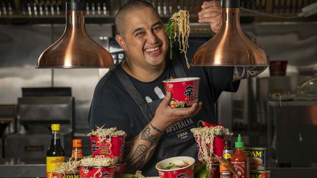 Morgan McGlone of Belles Hot Chicken fame, armed with quality local and seasonal South Australian produce to pimp up cup noodles in Victoria Square for Tasting Australia. Picture: Naomi Jellicoe