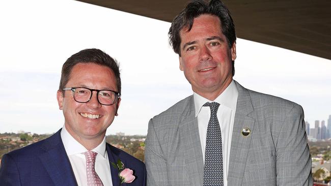 Racing Minister Anthony Carbines with former AFL chief executive Gillon McLachlan at last year’s Cox Plate.