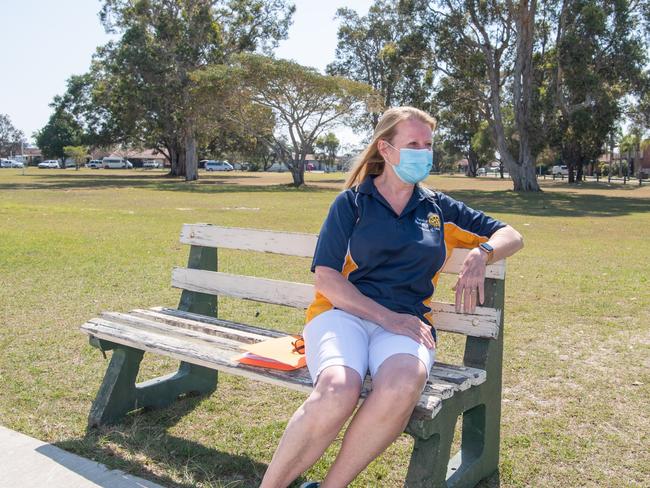 President of Rotary Club of Yamba Gayle Doe at the site for an upgrade bus shelter that is delayed by Queensland border restrictions. Picture: Adam Hourigan