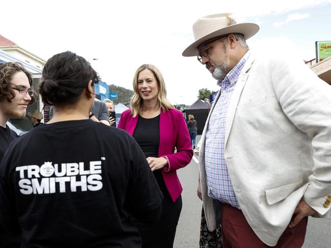 Labor leader Rebecca White and MLC for Derwent Craig Farrell talk to locals at the New Norfolk market. Picture: Zak Simmonds