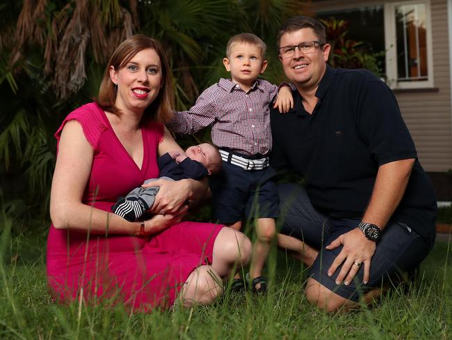 Roslyn Prout, with husband Michael and children Daniel (two weeks) and Thomas, is the typical Queenslander according to new census data. Picture:  Peter Wallis