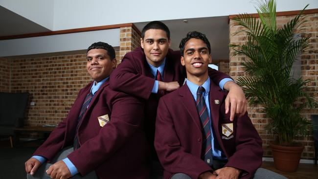 Jett Jarrett, Tyron McMahon and Lindsay Munro at their school, St Gregory's College in Sydney’s south west. Picture: Britta Campion