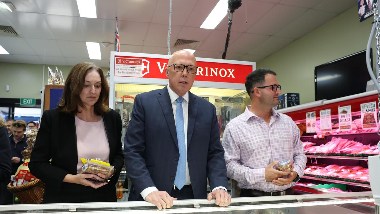 Peter Dutton campaigning in the seat of Paterson with Senator Maria Kovacic and local candidate Laurence Antcliff. Pictures Adam Head / NewsWire