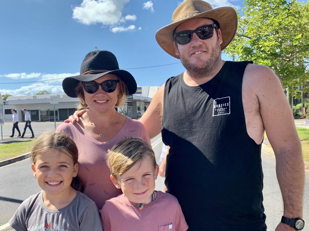 Mel Searl and Klayten Searl, with their two children Havarnii Searl, 10, Hutchence Searl, 7, at the Hervey Bay Lane March on Anzac Day 2021. Picture: Isabella Magee