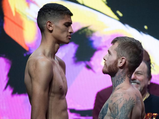 United States’ boxer Sebastian Fundora (L) faces off with Australia’s Daniel Lewis in February, 2020. Picture: Mark Ralston/AFP