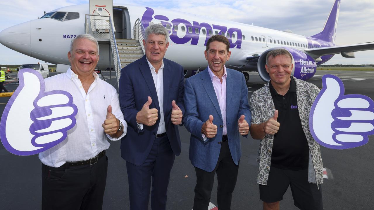 Sunshine Coast Airport CEO Andrew Brodie, tourism Minister Stirling Hinchliffe, Queensland treasurer Cameron Dick and Bonza chief executive Tim Jordan pictured at the launch of the airline.