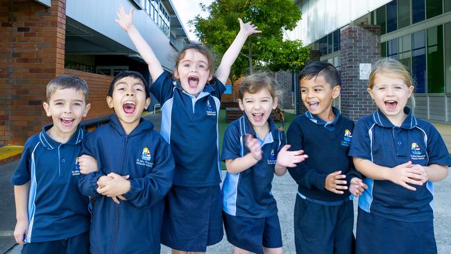 St John Vianney's Primary School prep students are happy to be back at school after COVID-19 restrictions. Asher, Joachim, Grace, Savannah, Harvey and Poppy. Picture: Renae Droop