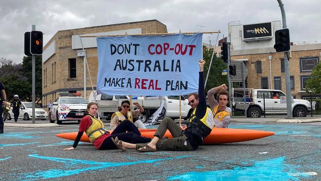 Extinction Rebellion protesters at the intersection of Coronation Dr and William Jolly Bridge, which was closed by police. Picture: Supplied