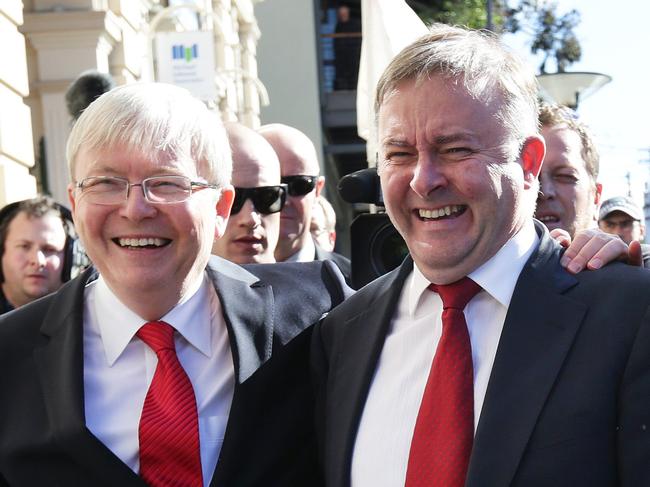 Prime minister Kevin Rudd with deputy PM Anthony Albanese and Jacinta Collins, Deputy Leader of the Government in the Senate, walk to lunch in Balmain today after the Australian Labor party meeting at Balmain Town Hall to vote on party reforms ahead of the federal elections.