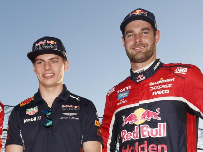 Shane van Gisbergen and Jamie Whincup of Red Bull Holden Racing Team show F1 driver Max Verstappen there Supercar during the Australian Grand Prix,  at the Albert Park, Melbourne, Victoria, March 23, 2017. Picture: Mark Horsburgh