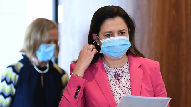 Annastacia Palaszczuk and Chief Health Officer Jeannette Young arrive for a media conference. Picture: NCA NewsWire / Dan Peled