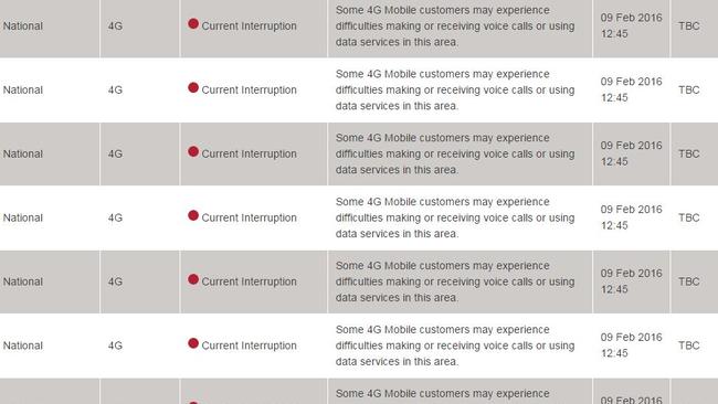 Telstra’s outage site shows the interruption affecting customers today. Picture: Telstra outage