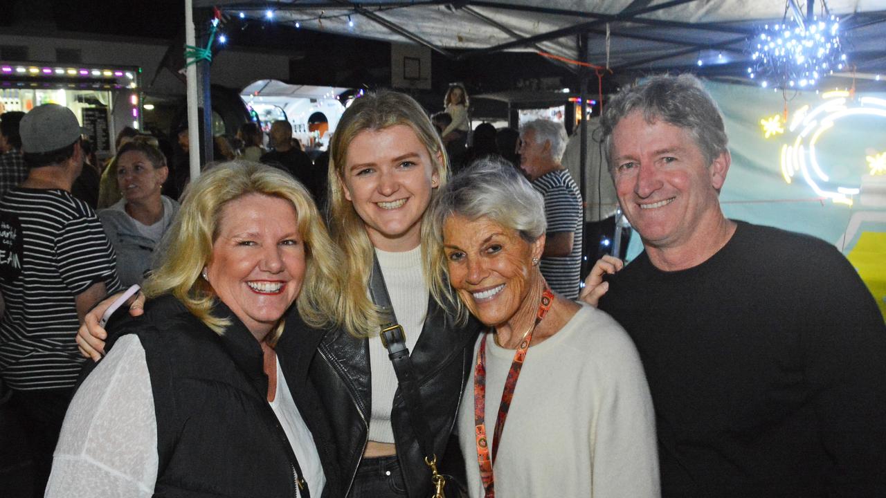 Michelle Nugent, Mikaela Nugent, Coralie Harris and John Nugent at Night Bite markets at Palm Beach-Currumbin SHS, Palm Beach. Pic: Regina King