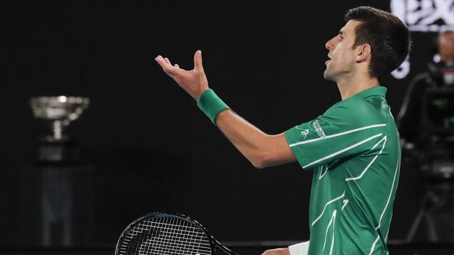 Novak Djokovic argues with the crowd. Picture: AP/Lee Jin-man