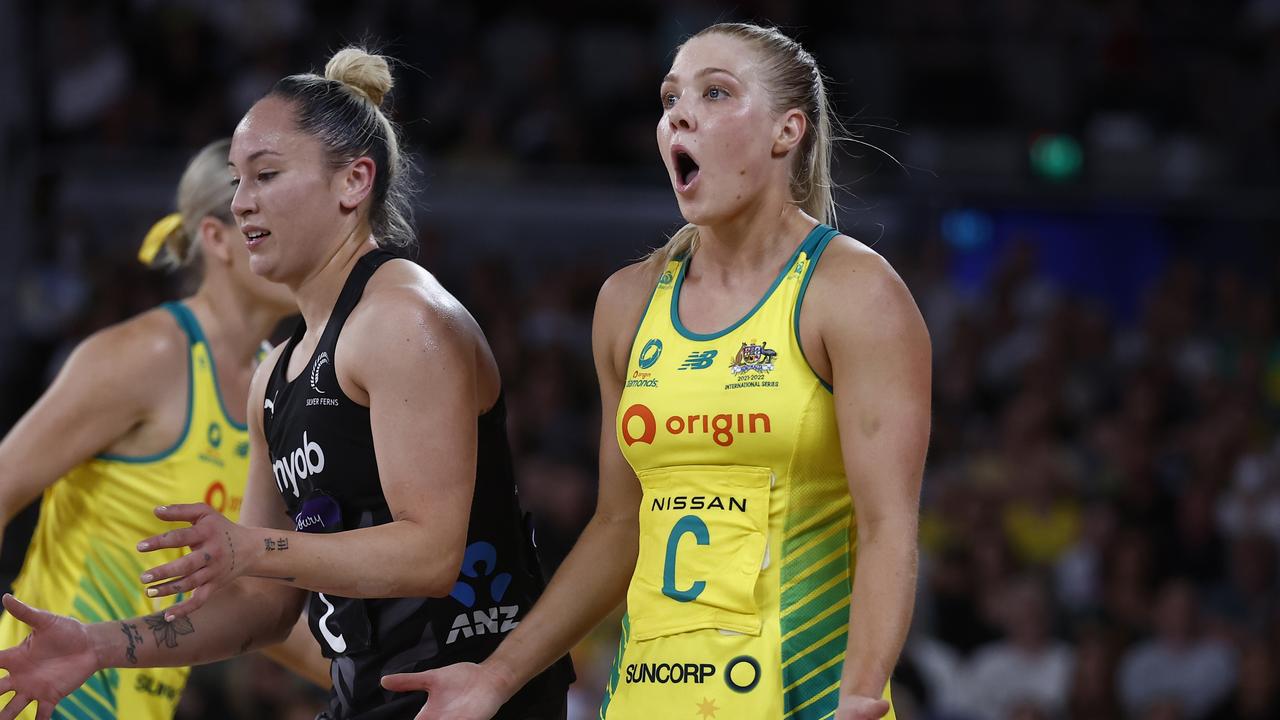 Kate Moloney of the Australian Diamonds reacts during the Constellation Cup match between the Australia Diamonds and the New Zealand Silver Ferns.