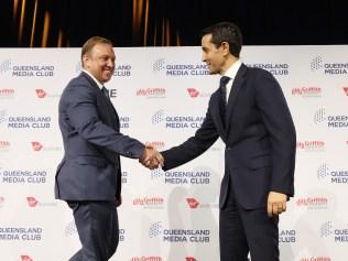 Premier Steven Miles and Leader of the Opposition David Crisafulli shake hands 2024 Queensland Election LeadersÃ Debate | Miles v Crisafulli, Qld Media Club, Brisbane Convention & Exhibition Centre, South Brisbane. Picture: Liam Kidston.