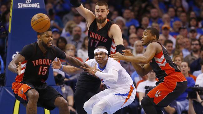 Oklahoma City Thunder guard Russell Westbrook loses the ball in front of the Toronto Raptors.