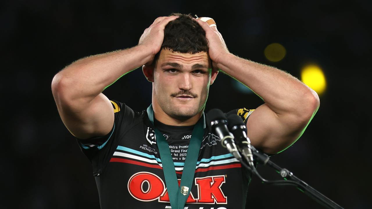 SYDNEY, AUSTRALIA - OCTOBER 01: Nathan Cleary of the Panthers receives the Clive Churchill Medal after winning the 2023 NRL Grand Final match between Penrith Panthers and Brisbane Broncos at Accor Stadium on October 01, 2023 in Sydney, Australia. (Photo by Matt King/Getty Images)