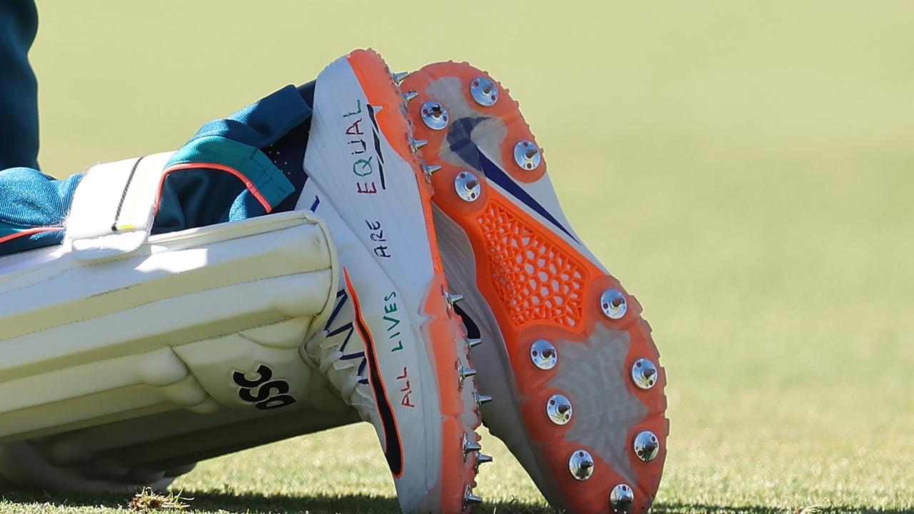 PERTH, AUSTRALIA - DECEMBER 11: The shoes of Usman Khawaja are pictured during an Australian nets session the at the WACA on December 11, 2023 in Perth, Australia. (Photo by Paul Kane/Getty Images)