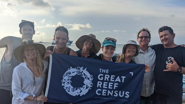 Jarryd Flint, Kate O’Callaghan, Scotty Garden, Michelle Barry, Dr Abbi Scott, Le’a Dawes, Alan Wallish and Craig DeCourcy aboard an expedition team on the Cairns-based Allure Charters. Picture: Supplied