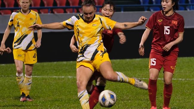 Caitlin Foord fights for the ball in the 2-1 win over Vietnam on Wednesday night.