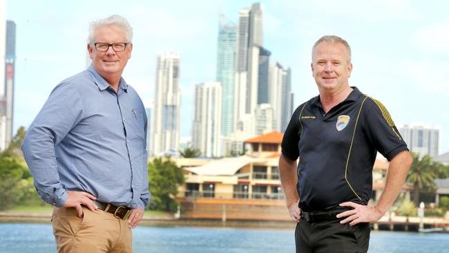 Sports Gold Coast chairman Geoff Smith with Gold Coast United chairman Danny Maher. Picture: Mike Batterham