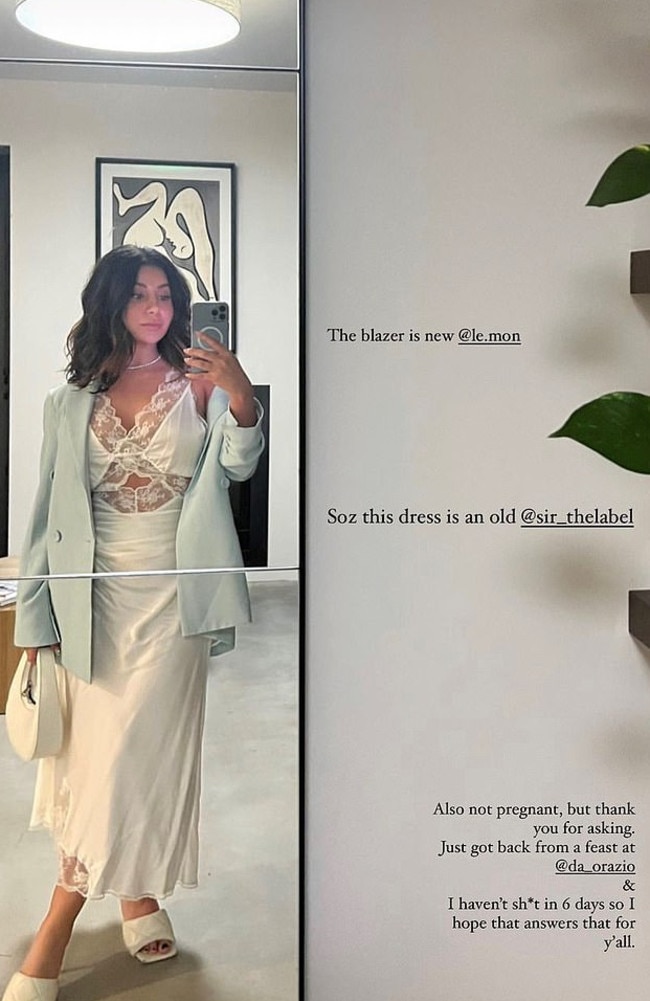 It comes as the influencer was first to squash pregnancy rumours after she shared this snap wearing a lacy, cut-out dress. Picture: Instagram/marthaa__k