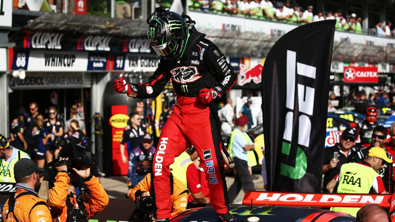 James Courtney doing his ‘Frank the Tank’ dance after winning at the 2016 Adelaide 500. Picture: Tim Hunter.