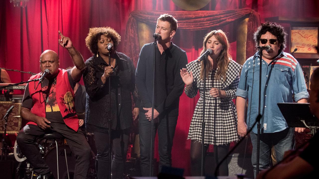 Music artists Archie Roach, Emma Donovan, Blake Scott, Ella Hooper and Richard Clapton in the television show RocKwiz’s. The show was mostly filmed at The Espy in St Kilda. Picture: Supplied/SBS.