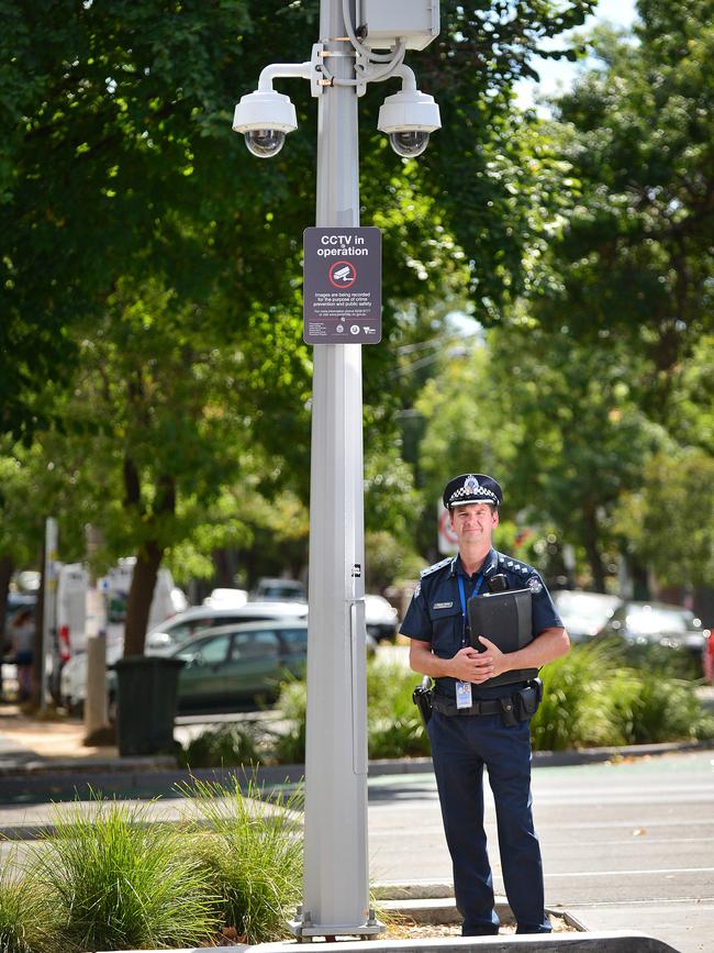 Inspector Jason Kelly with one of the Fiztroy St cameras. Picture : Nicki Connolly