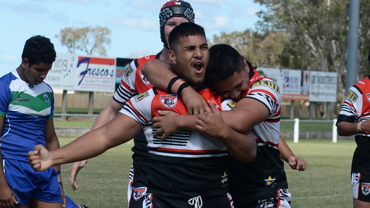 Kirwan State High School defeated The Cathedral College 46-28 in the Aaron Payne Cup at Leprechaun Park in Mackay. Kirwan celebrate a second half try. Photo: Callum Dick