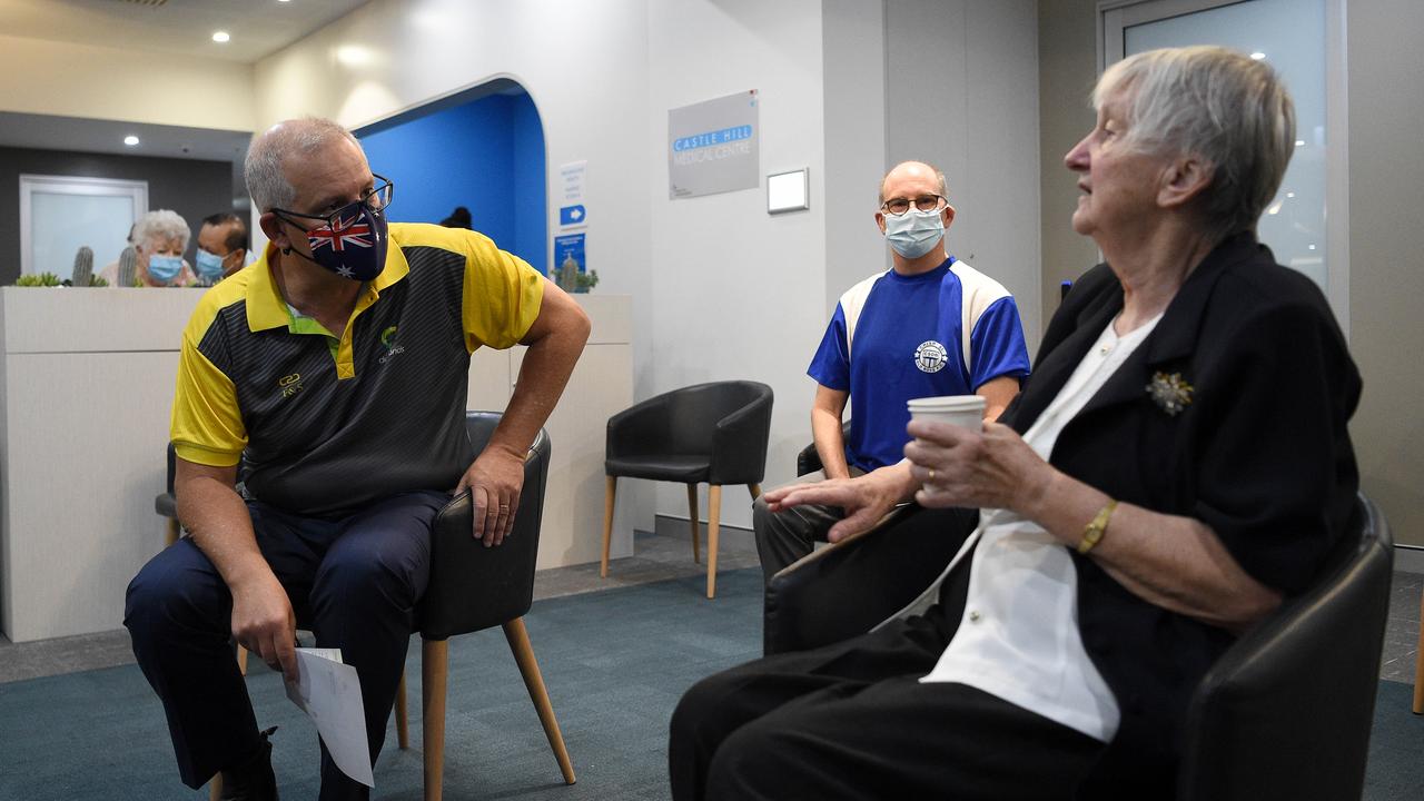 Prime Minster Scott Morrison is seen with aged care resident Jane Malysiak after they both received their second and final COVID-19 vaccination shot at the Castle Hill Medical Centre, in Sydney. Picture: NCA NewsWire/Bianca De Marchi