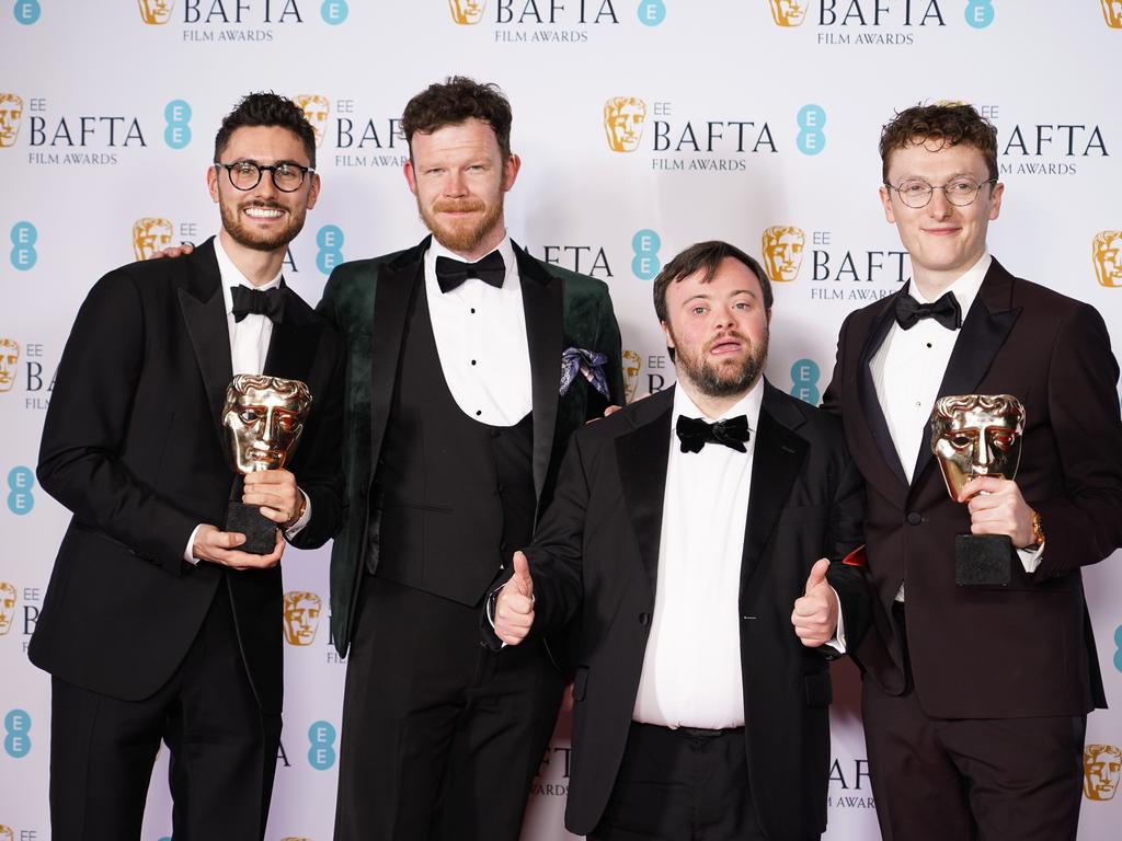 Tom Berkeley, Seamus O'Hara, James Martin and Ross White pose with the British Short Film Award for 'An Irish Goodbye' during the 2023 EE BAFTA Film Awards. Picture: Dominic Lipinski/Getty Images