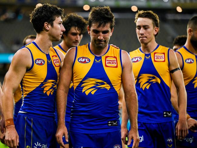 PERTH, AUSTRALIA - MARCH 20: Andrew Gaff of the Eagles looks dejected after a loss during the 2022 AFL Round 01 match between the West Coast Eagles and the Gold Coast Suns at Optus Stadium on March 20, 2022 In Perth, Australia. (Photo by Daniel Carson/AFL Photos via Getty Images)