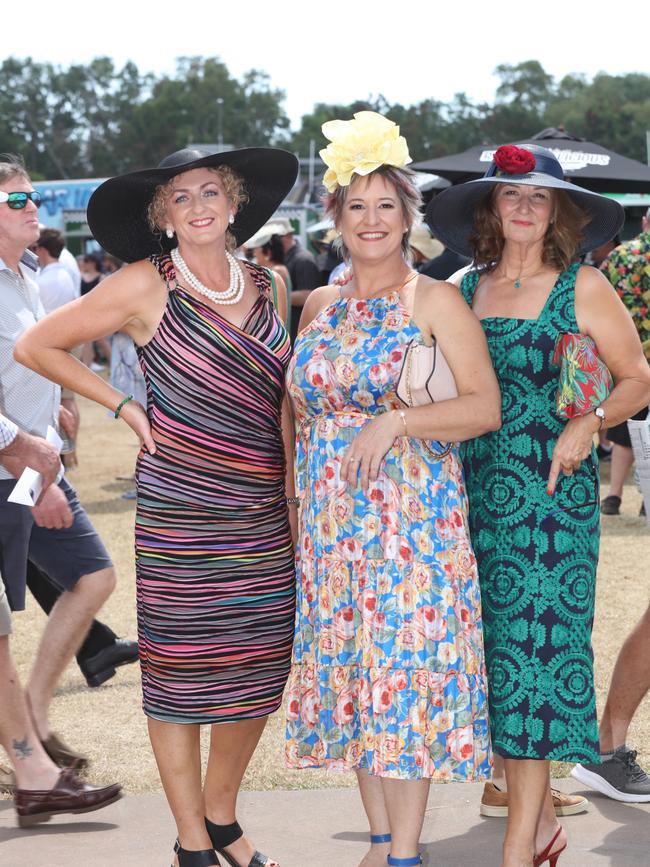 Having a ball at The Great Northern Darwin Cup at Fannie Bay Turf Club are Yvonne Lamotte,Tania Smith and Amanda Grossett. Picture: Glenn Campbell