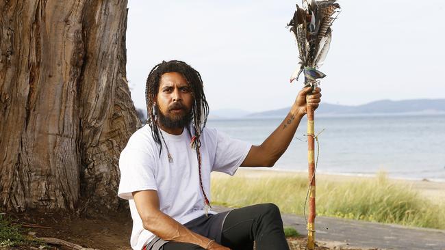 Alwyn Dolan has walked from Cape York to Hobart where he visited Aboriginal communities to collect messages about what was important to them. He arrived in Hobart yesterday and is pictured at Kingston Beach. Picture: MATT THOMPSON