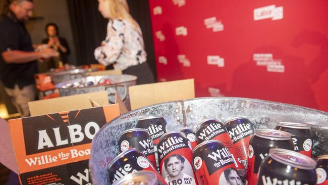 Albo branded Willie the Boatman beers are on ice at the Labor function at the Canterbury Hurlstone RSL in Sydney. Picture: Jeremy Pipe/Newswire