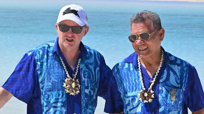 Anthony Albanese and Tuvalu Prime Minister Kausea Natano at the Pacific Islands Forum in Cook Islands. Picture: AAP