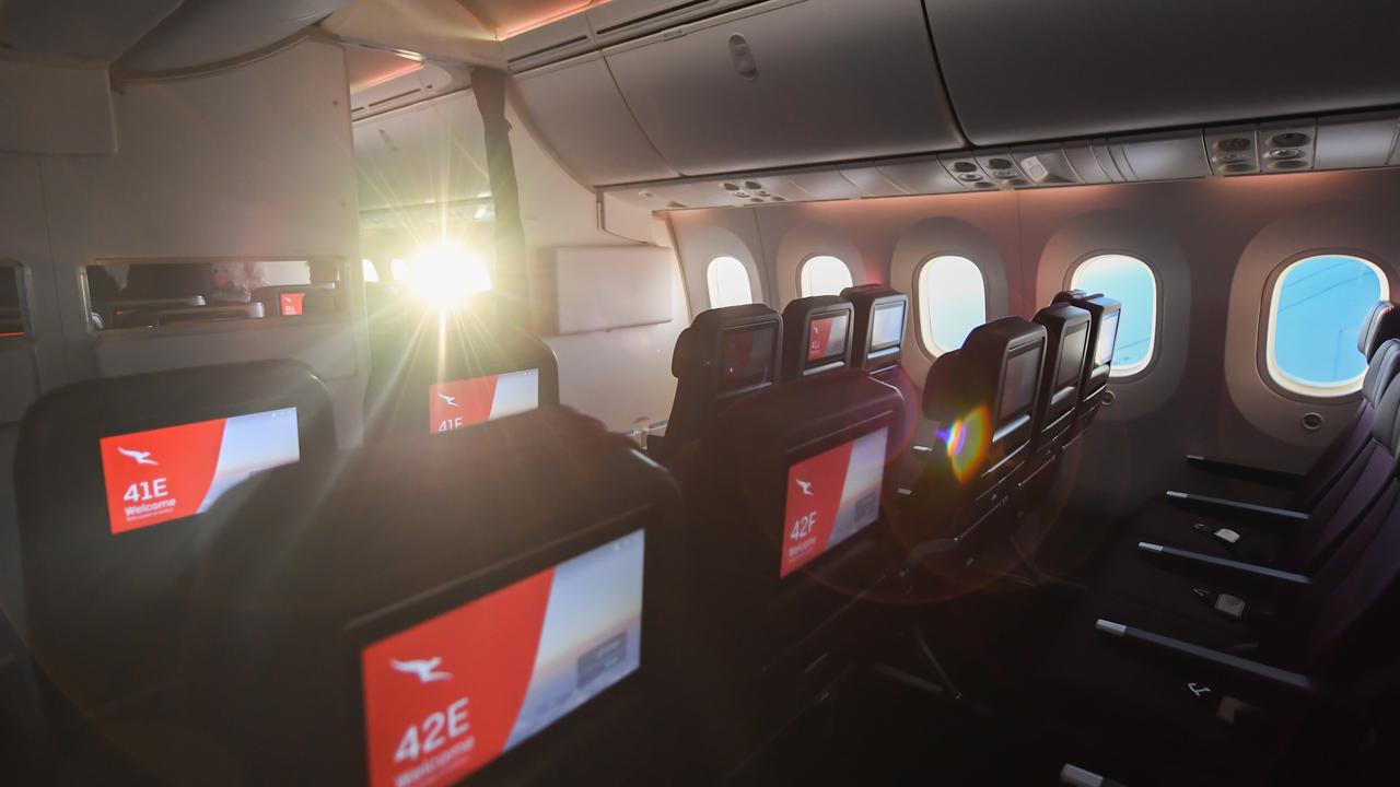 The economy cabin on the Dreamliner, which is the aircraft used between Perth and London. Picture: James Morgan/Qantas via AP