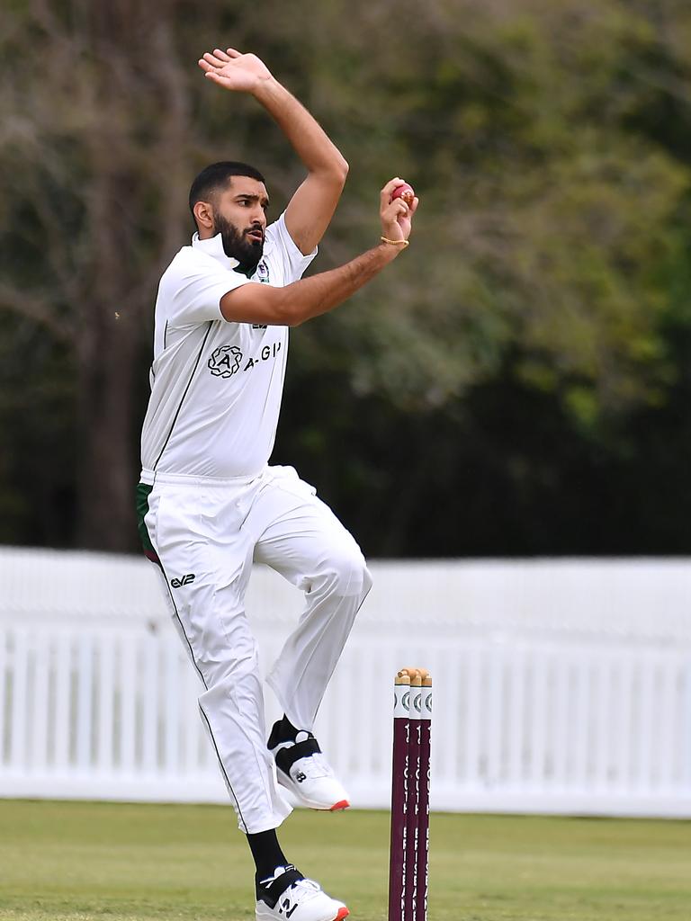 Souths bowler Harmon Sandhu South Brisbane v Wests in the Sci-Fleet first grade competition. Saturday October 1, 2022. Picture, John Gass