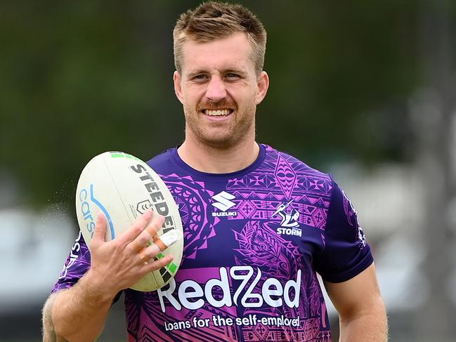 MELBOURNE, AUSTRALIA - MARCH 21: Cameron Munster of the Storm looks on during a Melbourne Storm NRL training session at Gosch's Paddock on March 21, 2023 in Melbourne, Australia. (Photo by Quinn Rooney/Getty Images)