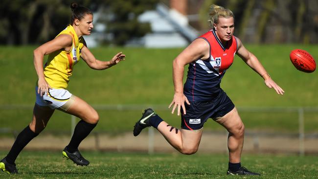 Transgender football Hannah Mouncey (right) made her debut for the Darebin Falcons this year after being blocked from entering the AFLW competition. Picture: James Ross