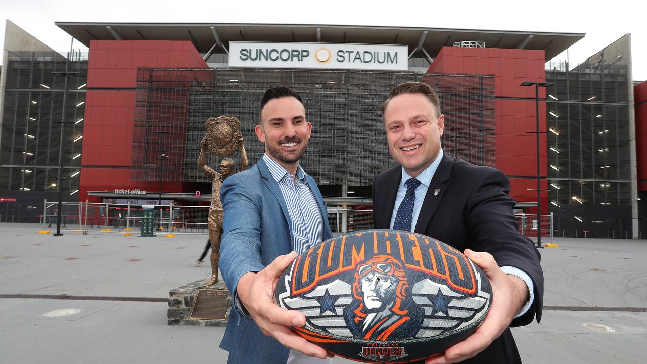 Brisbane Lord Mayor Adrian Schrinner with Bombers bid chief Nick Livermore