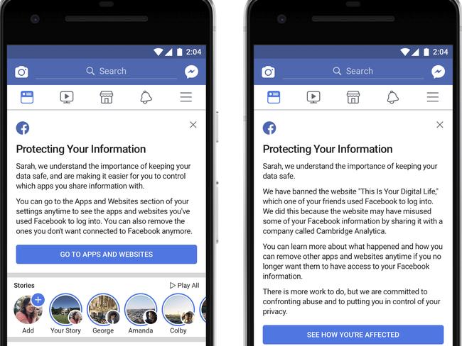 Facebook will let users know if their data was shared, and some 2.2 billion Facebook users will be given access to a link to see what apps they use and what information they shared with those apps. Picture: AP