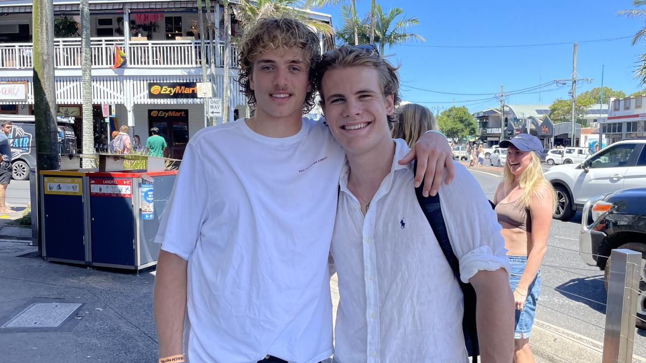 Orlando Pender, 18, and Jack Lowman, 18, at Byron Bay Schoolies celebrations. Picture: Sam Stolz