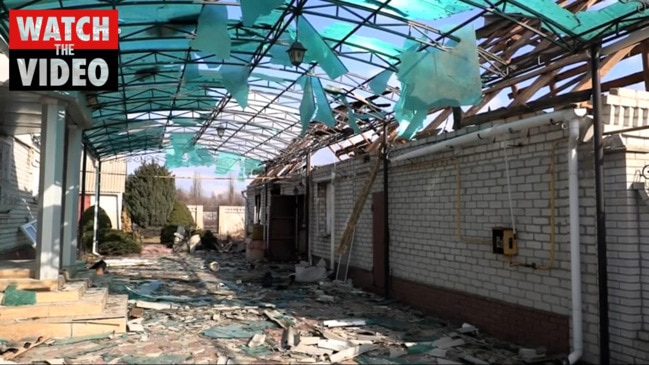 Damage from shelling in government-held village in Luhansk and Donbas region of Ukraine