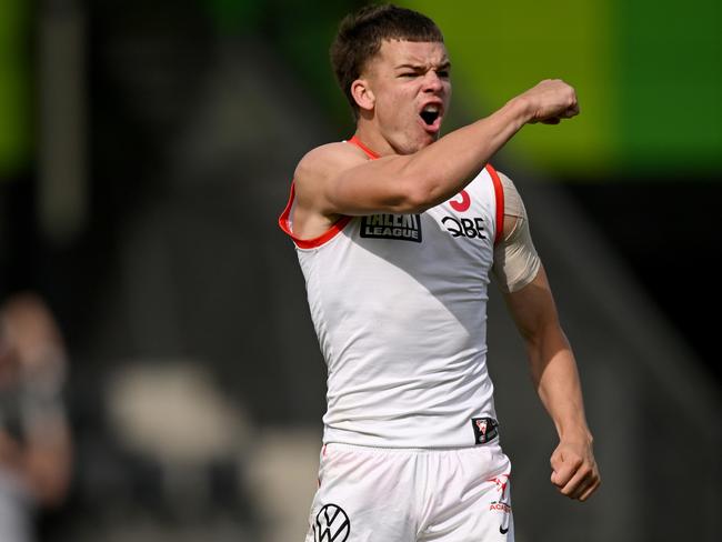 MELBOURNE, AUSTRALIA – MARCH 25: Mitchell Woods of the Swans celebrates a goal during the round one Coates Talent League match between Western Jets and Sydney Swans Academy at Highgate Reserve on March 25, 2023 in Melbourne, Australia. (Photo by Morgan Hancock/AFL Photos/via Getty Images)