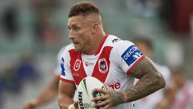 WOLLONGONG, AUSTRALIA – JULY 18: Tariq Sims of the Dragons runs the ball during the round 10 NRL match between the St George Illawarra Dragons and the Canterbury Bulldogs at WIN Stadium on July 18, 2020 in Wollongong, Australia. (Photo by Brett Hemmings/Getty Images)